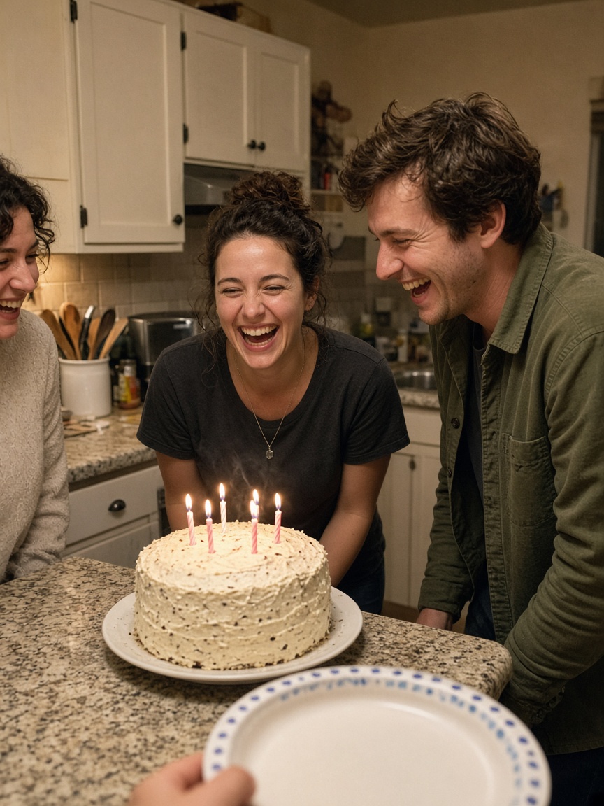 Friends gathered around a birthday cake