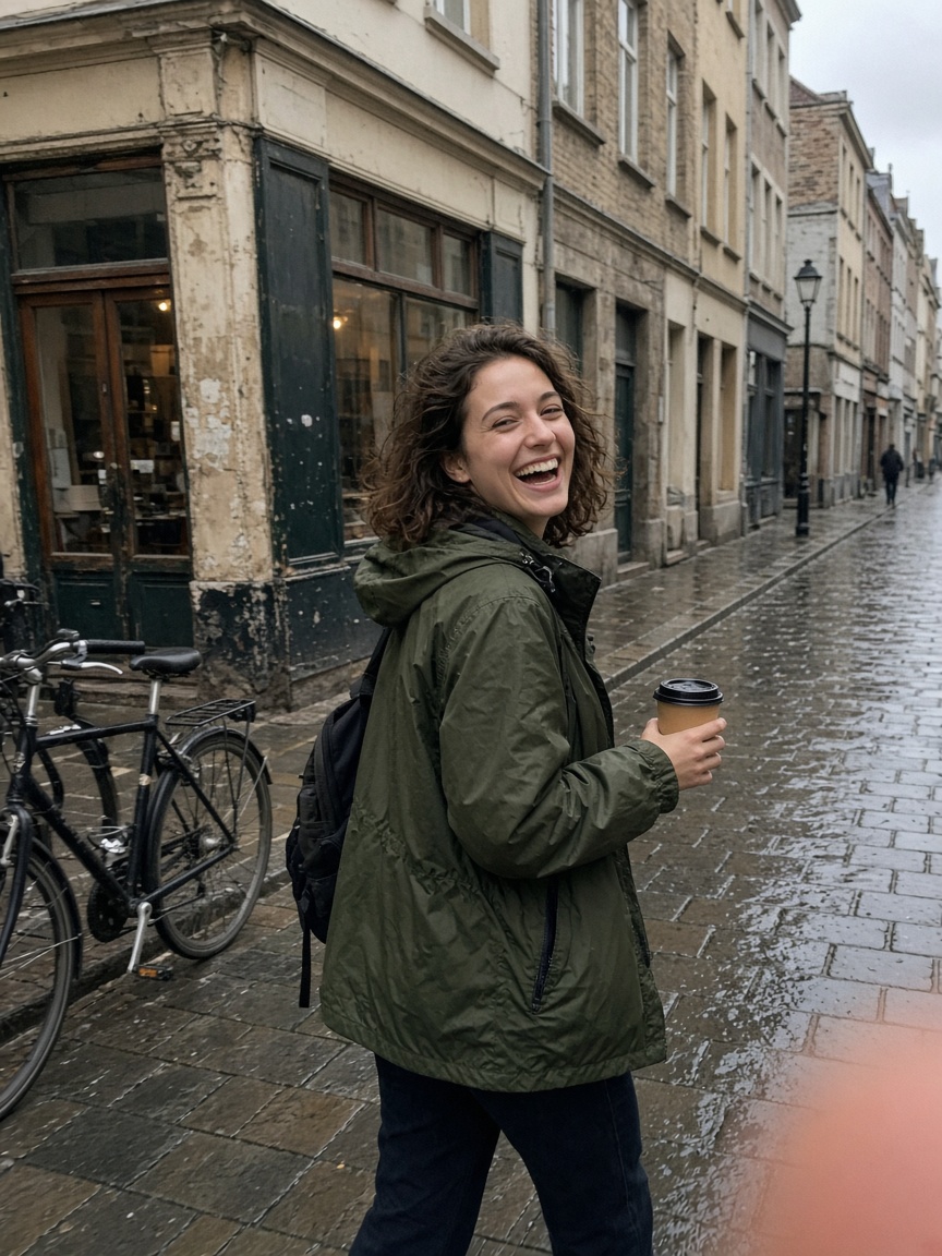 A smiling traveler on a city street